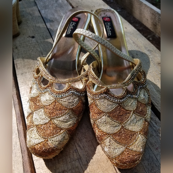 Size 9 BL Motion High Heels Shoes Gold Chrome Beads Embroidered Magic Slippers - Picture 14 of 15